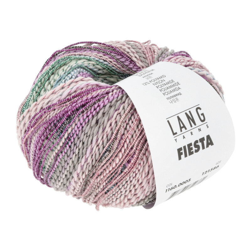 Lang Yarns Fiesta yarn, Purple/Rose/Grey/Green, colour 0005, ball photograph