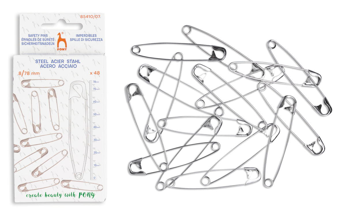 Pack of 48 safety pins in 8/78 mm size, shown next to their retail packaging on a clean white background.