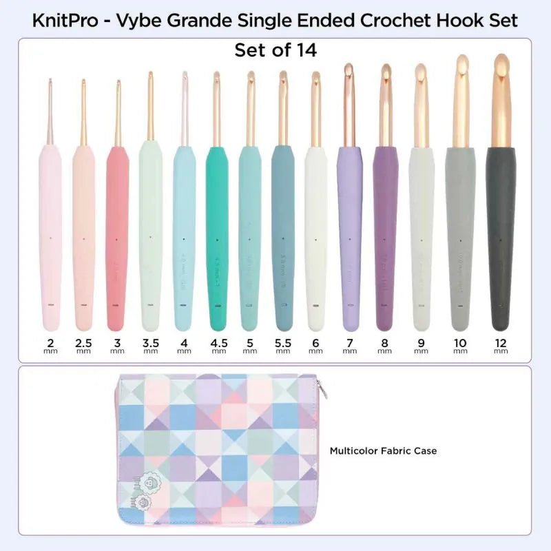 KnitPro VYBE Grande ergonomic crochet hook set with 14 hooks and fabric case