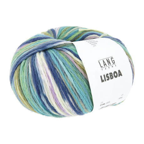 Lang Yarns Lisboa yarn, Green/Marine/Olive/Lavender, colour 0008, ball photograph