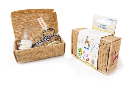 Pony JUST JUTE 39-piece sewing kit in jute box with scissors, tape measure, clips, seam ripper, needles and threaders – ad...