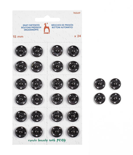 Pony Snap Fasteners, Black, No. 7 – 15 mm / 24 pcs