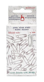 A package of PONY brand safety pins, model 85401/07. The white cardboard box features illustrations of silver safety pins, a printed measurement scale, and the text 'STEEL ACIER STAHL' and '00/22 mm x 144'.