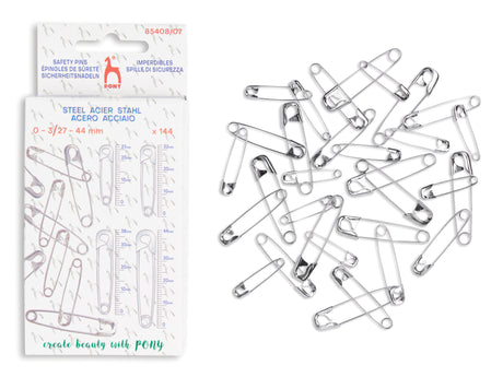 Pack of 144 steel safety pins in size 0-3/27 - 44 mm, shown next to the retail packaging on a white background. The pins are made of silver-colored steel and are arranged loosely on the right side.